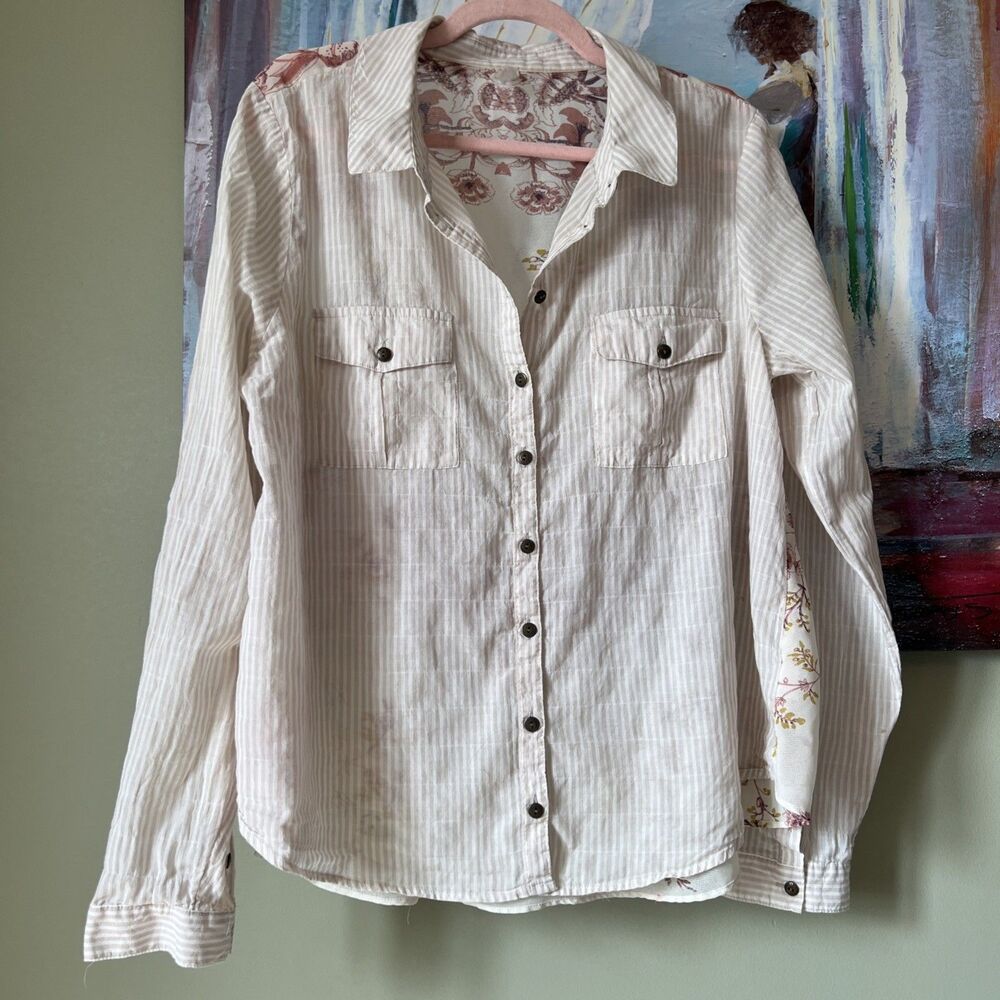 Free People Button Front Combo Shirt Blouse White Floral Semi Sheer Size L